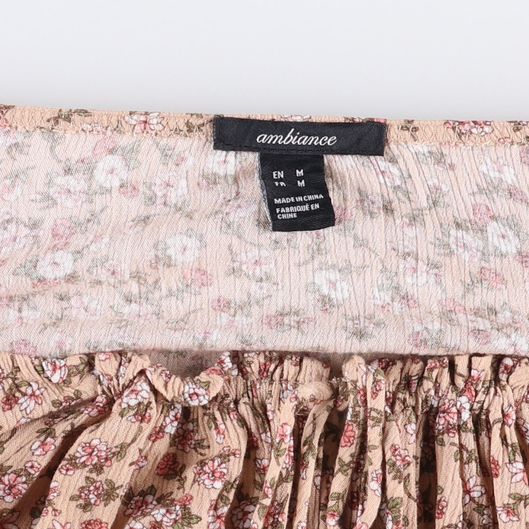 AMBIANCE All-Over Floral Print Drawstring Neck Cropped Long Sleeve Pullover Blouse, Women's Size Medium Rayon Beige type Vintage Second Hand