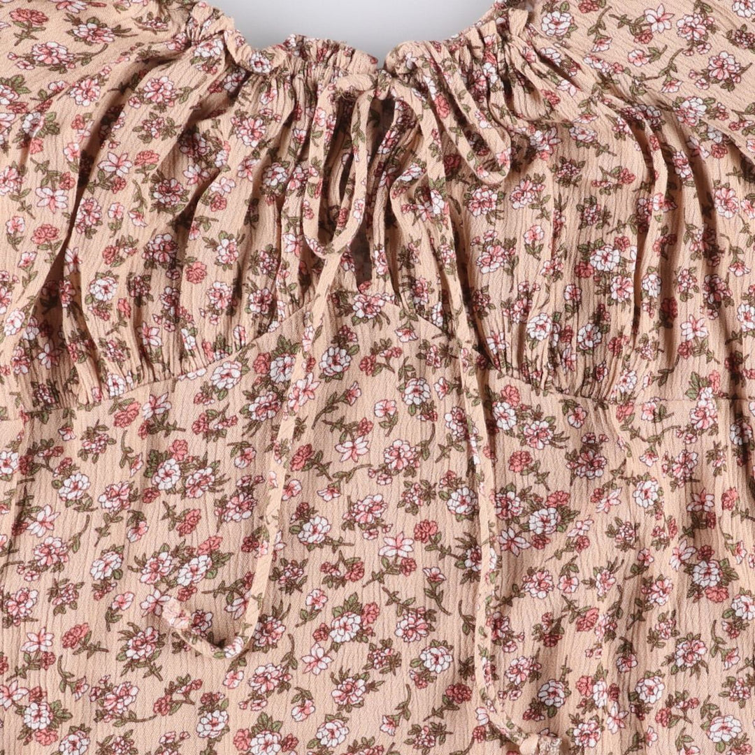 AMBIANCE All-Over Floral Print Drawstring Neck Cropped Long Sleeve Pullover Blouse, Women's Size Medium Rayon Beige type Vintage Second Hand
