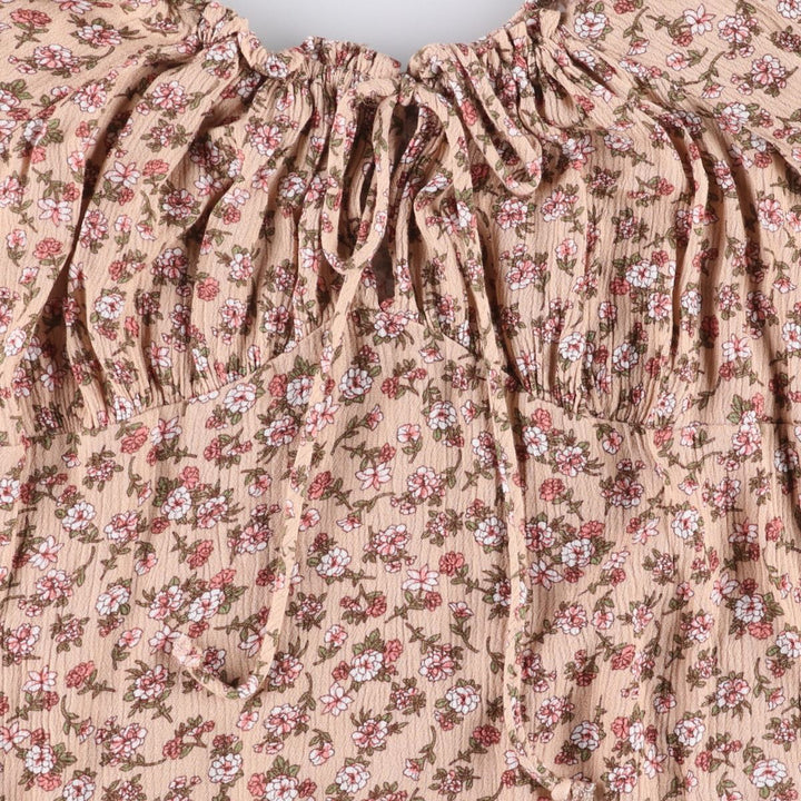 AMBIANCE All-Over Floral Print Drawstring Neck Cropped Long Sleeve Pullover Blouse, Women's Size Medium Rayon Beige type Vintage Second Hand