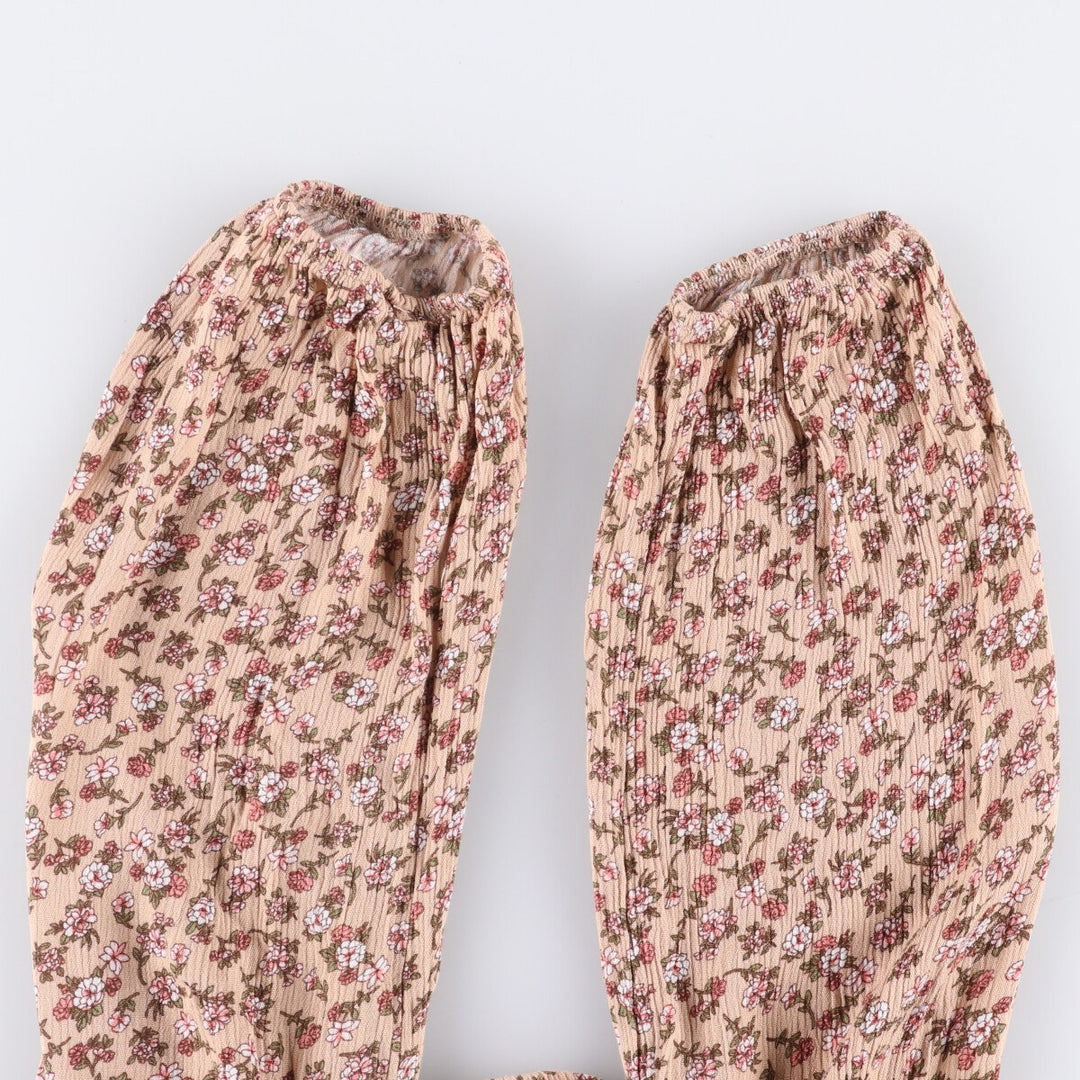 AMBIANCE All-Over Floral Print Drawstring Neck Cropped Long Sleeve Pullover Blouse, Women's Size Medium Rayon Beige type Vintage Second Hand