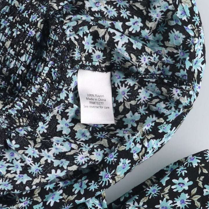 SO All-over Floral Print Square Neck Peplum Candy Sleeve Cropped Long Sleeve Pullover Blouse, Women's Size XS Rayon black type Vintage Second Hand