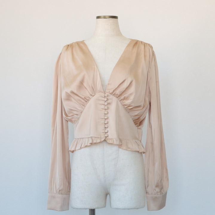 MABLE V-neck cropped ruffled long sleeve poly shirt, corset shirt, women's size M polyester Beige type Vintage Second Hand