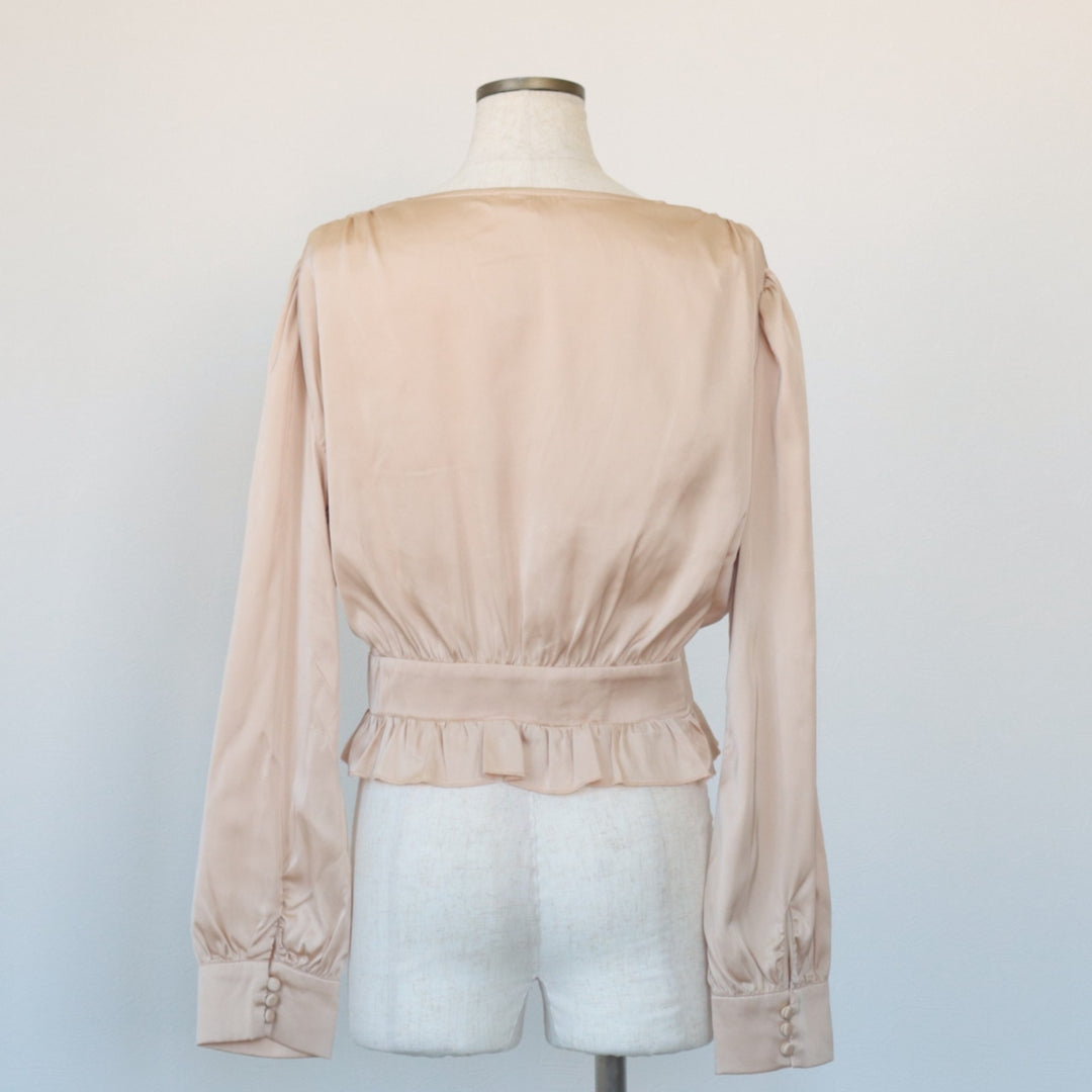 MABLE V-neck cropped ruffled long sleeve poly shirt, corset shirt, women's size M polyester Beige type Vintage Second Hand