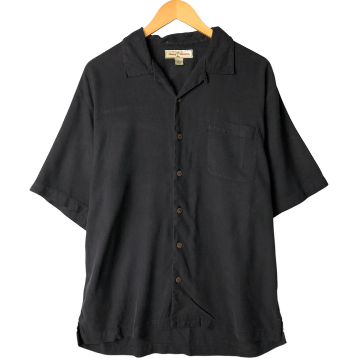 Tommy Bahama Herringbone Short Sleeve Open Collar Silk Box Shirt, Men's Size L silk black type Vintage Second Hand
