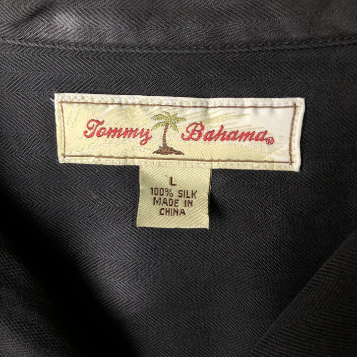 Tommy Bahama Herringbone Short Sleeve Open Collar Silk Box Shirt, Men's Size L silk black type Vintage Second Hand
