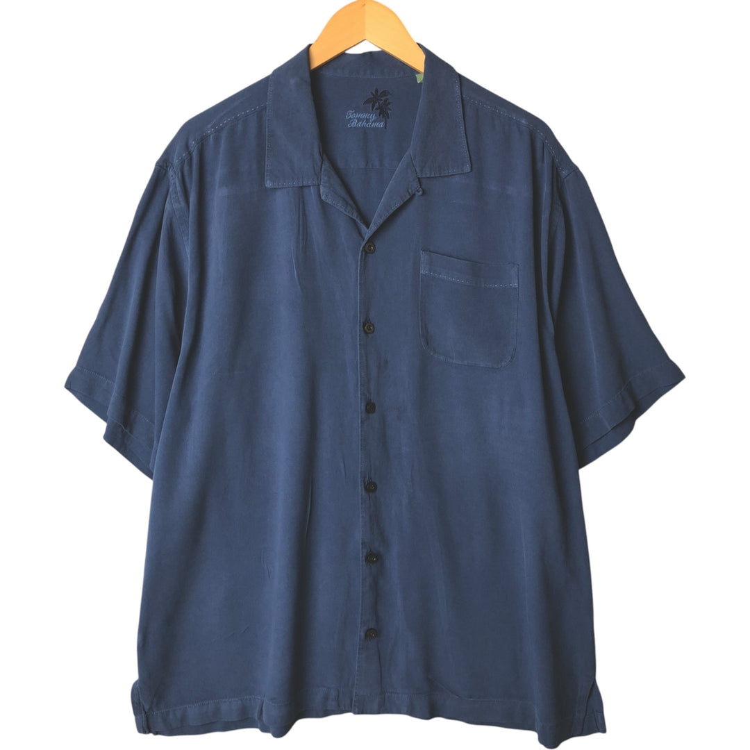 Tommy Bahama short sleeve open collar silk shirt, box shirt, men's XL size silk navy blue type Vintage Second Hand