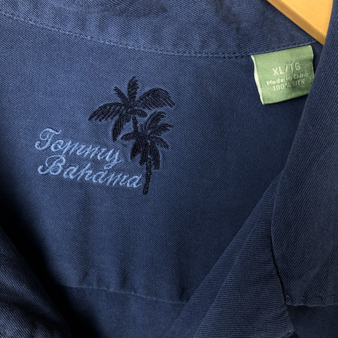 Tommy Bahama short sleeve open collar silk shirt, box shirt, men's XL size silk navy blue type Vintage Second Hand
