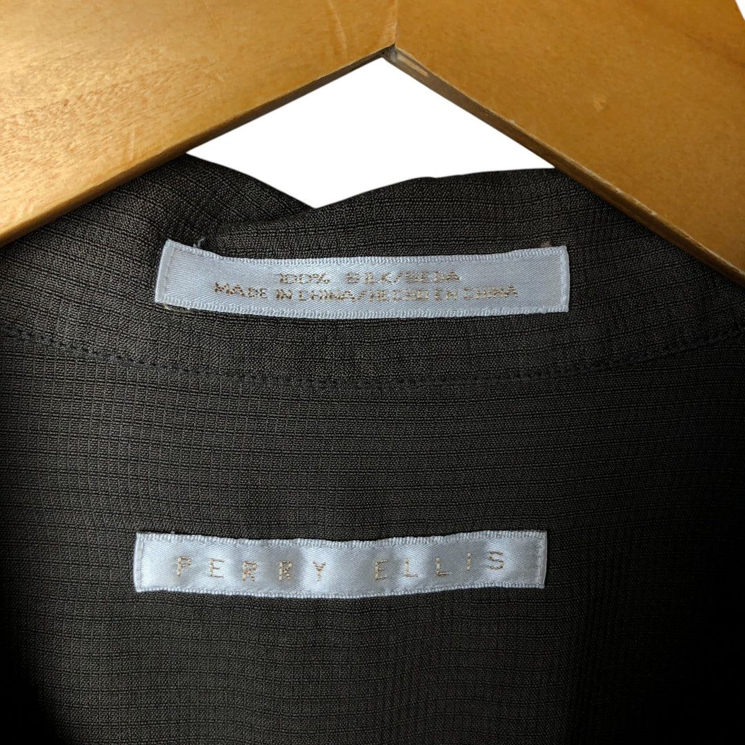 Perry Ellis short-sleeved open-collar silk box shirt, men's size XL silk beige type brown Vintage Second Hand