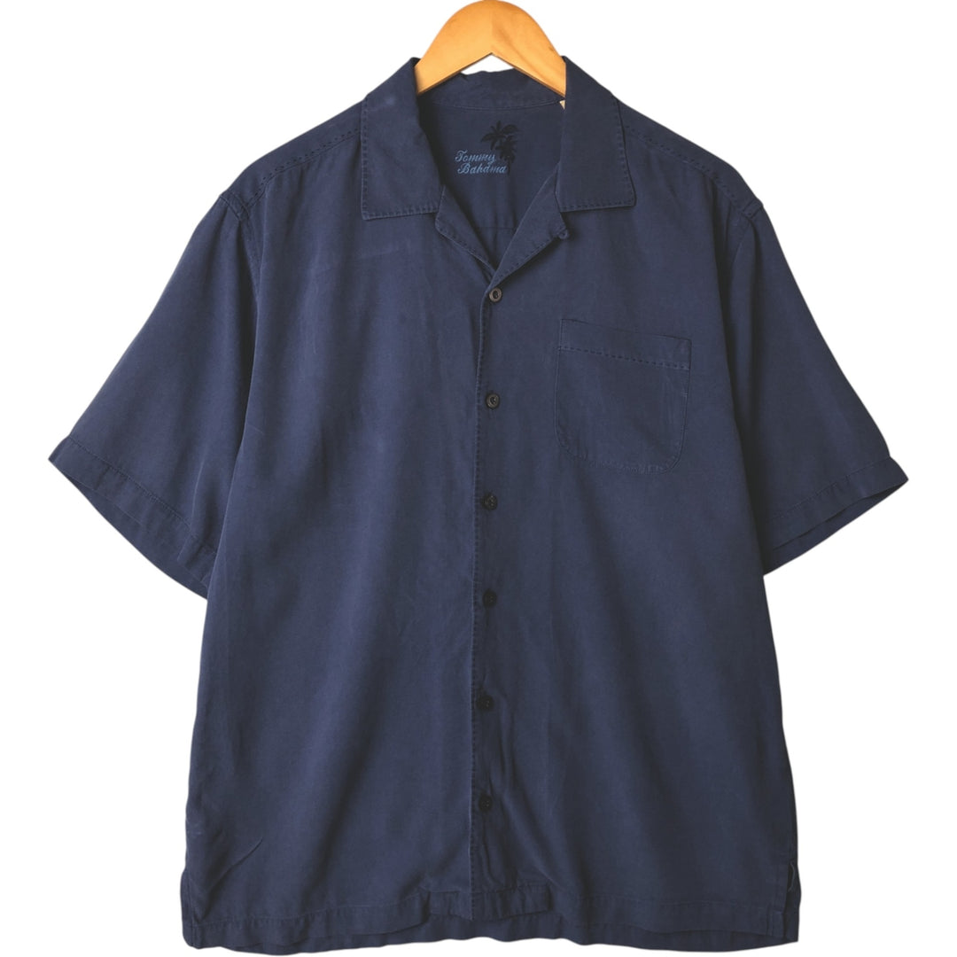 Tommy Bahama short sleeve open collar silk shirt, box shirt, men's M size silk Navy blue Vintage Second Hand