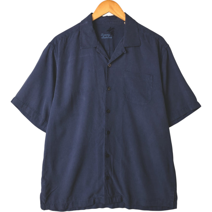 Tommy Bahama short sleeve open collar silk shirt, box shirt, men's M size silk Navy blue Vintage Second Hand