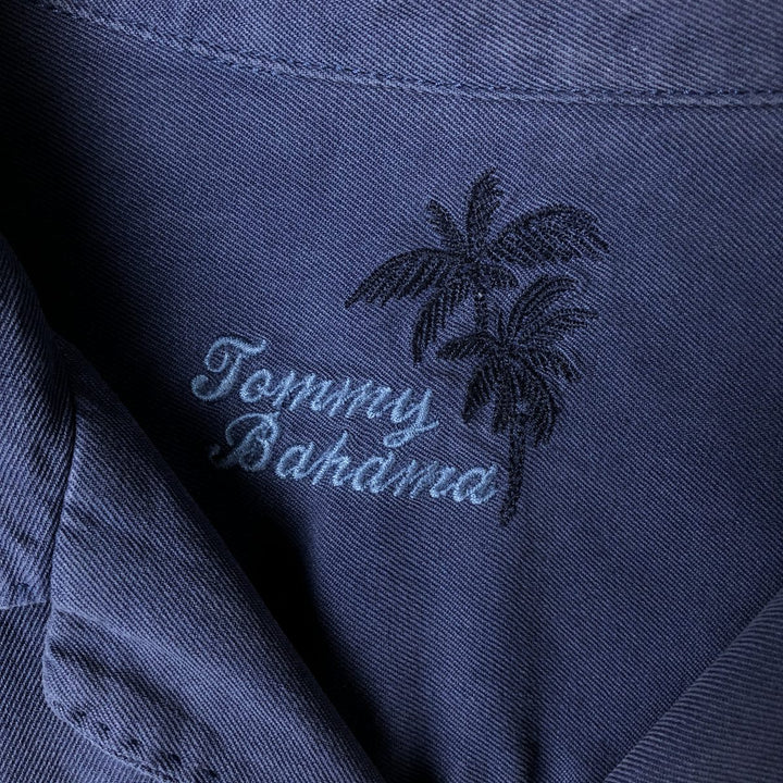 Tommy Bahama short sleeve open collar silk shirt, box shirt, men's M size silk Navy blue Vintage Second Hand