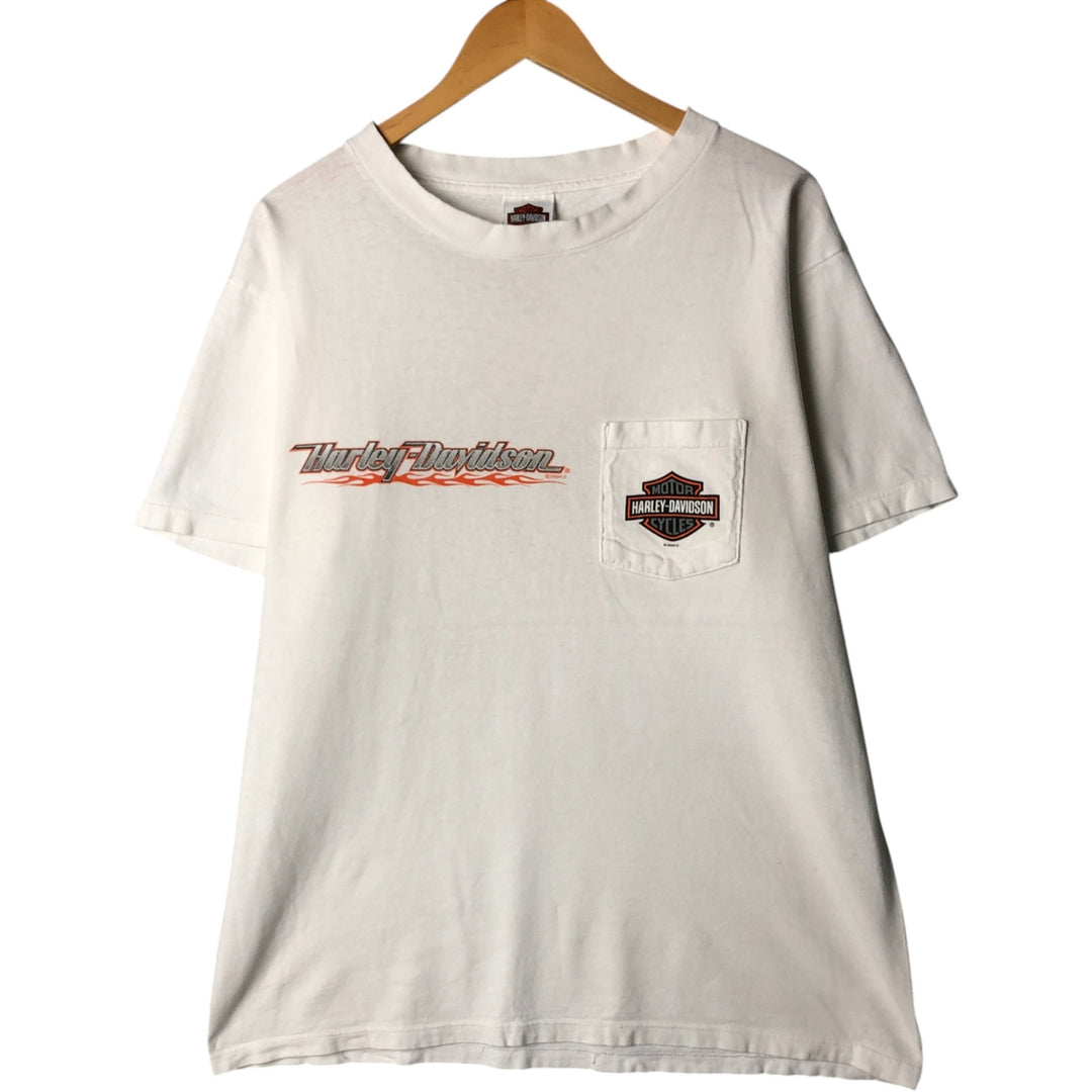 00'S Harley-Davidson Fire Pattern Motorcycle Bike T-Shirt Men's L size unclear white type Vintage Second Hand
