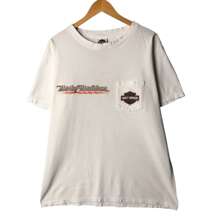 00'S Harley-Davidson Fire Pattern Motorcycle Bike T-Shirt Men's L size unclear white type Vintage Second Hand