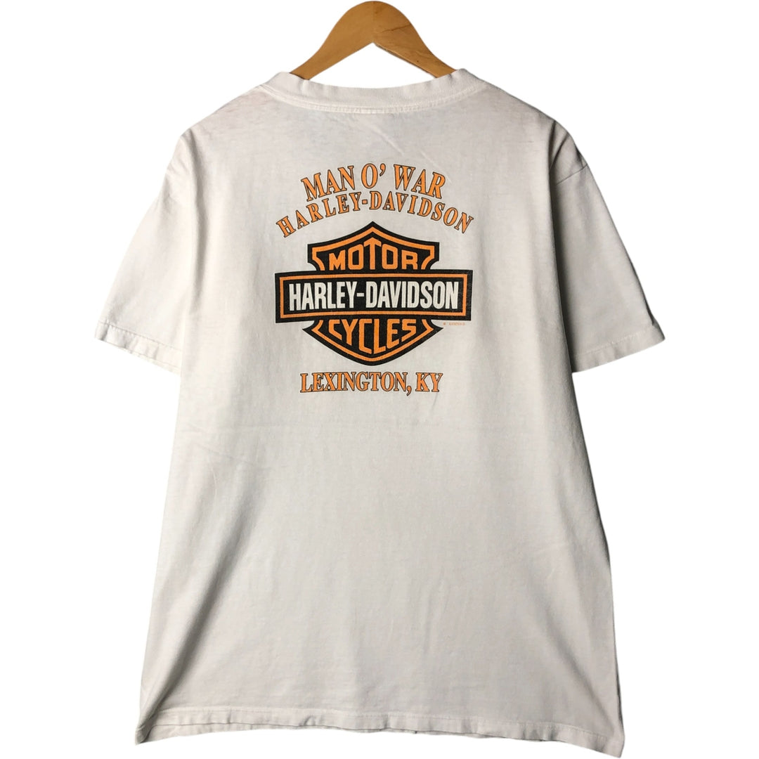 00'S Harley-Davidson Fire Pattern Motorcycle Bike T-Shirt Men's L size unclear white type Vintage Second Hand