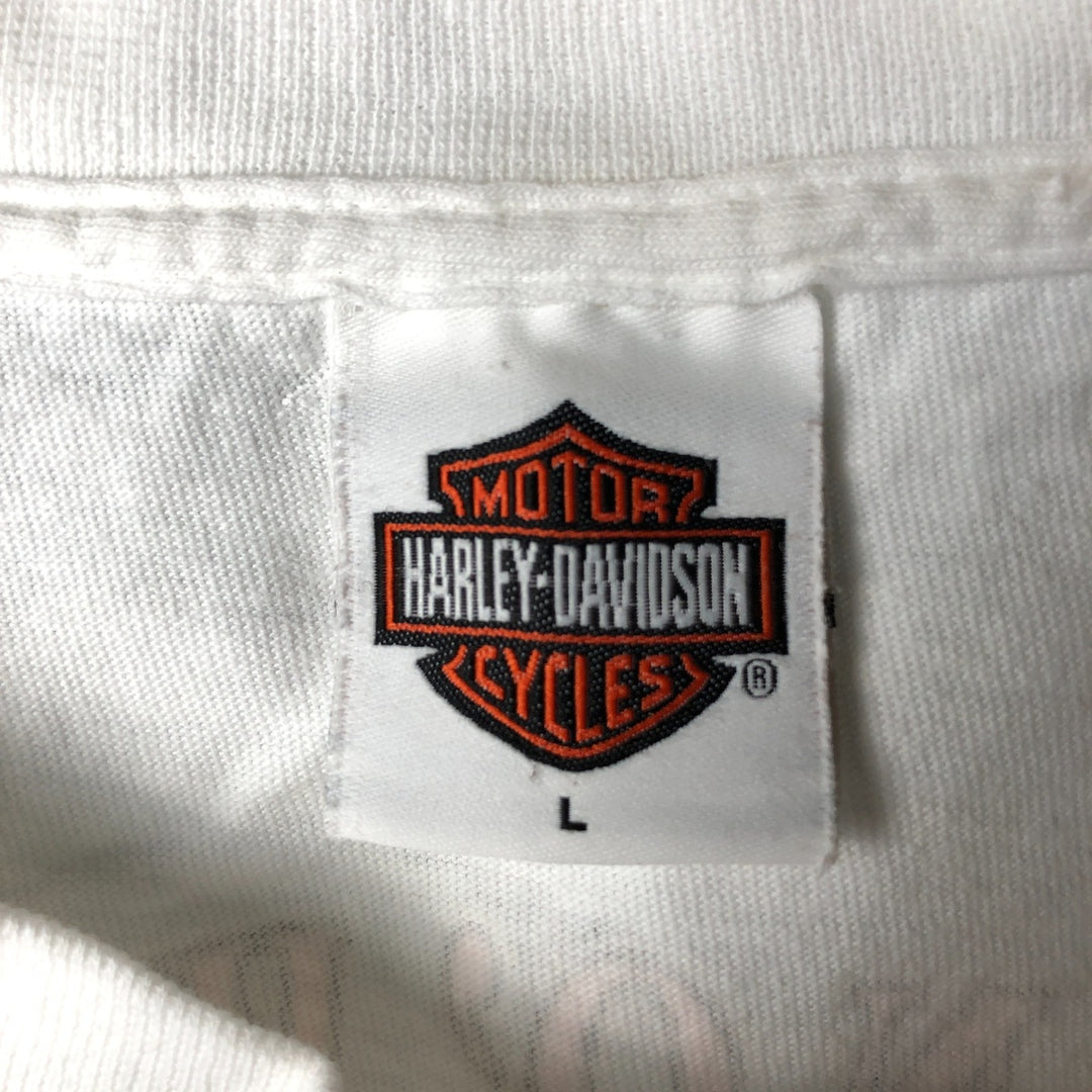 00'S Harley-Davidson Fire Pattern Motorcycle Bike T-Shirt Men's L size unclear white type Vintage Second Hand