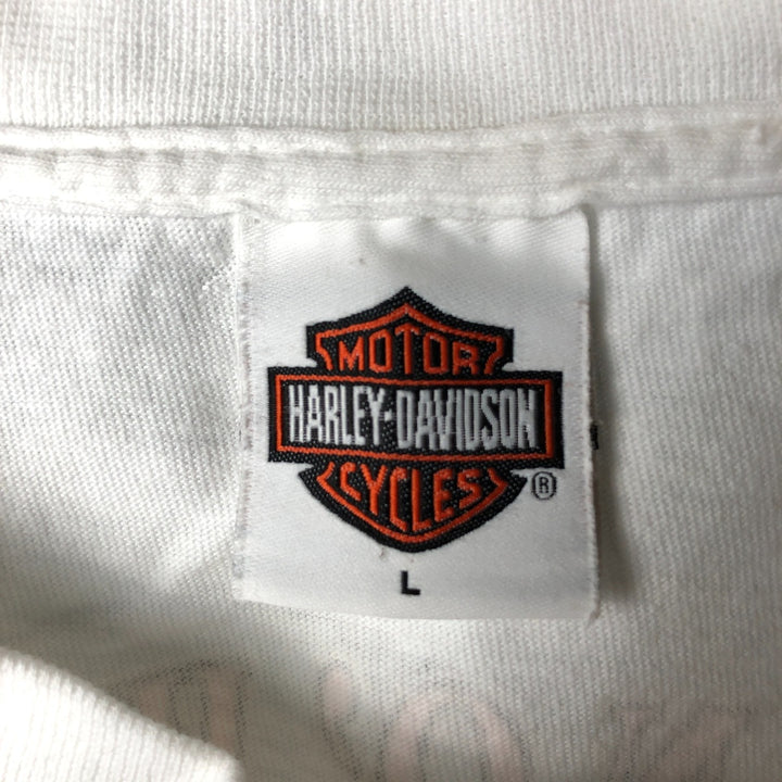00'S Harley-Davidson Fire Pattern Motorcycle Bike T-Shirt Men's L size unclear white type Vintage Second Hand