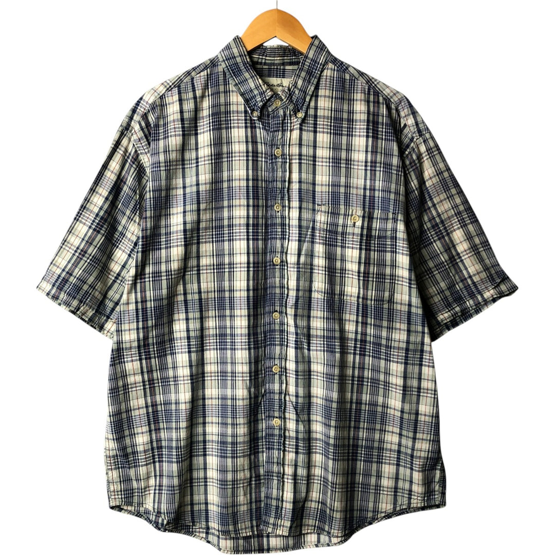 00'S Eddie Bauer short sleeve button down check shirt, men's XL size cotton blue type Vintage Second Hand