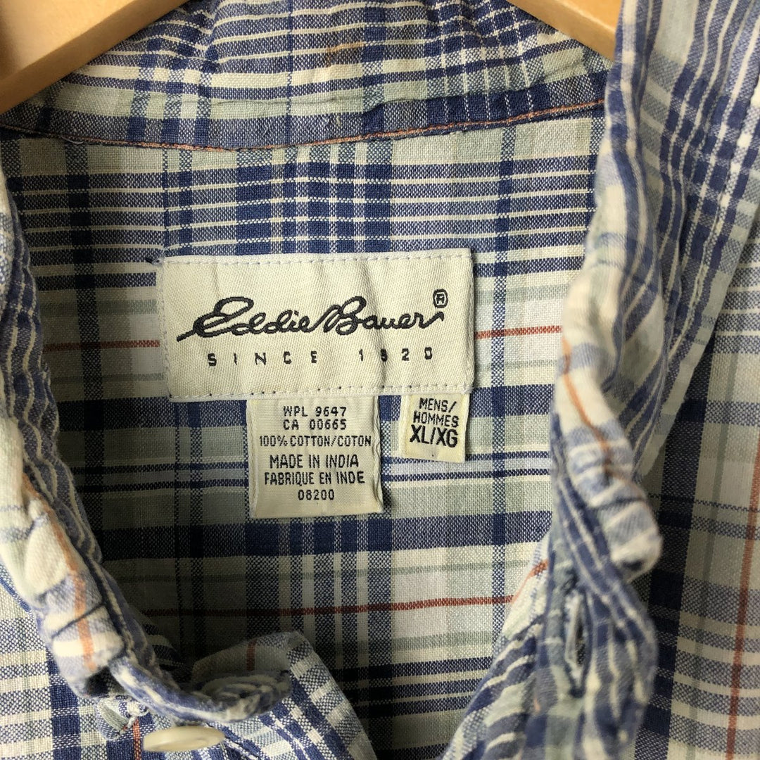 00'S Eddie Bauer short sleeve button down check shirt, men's XL size cotton blue type Vintage Second Hand