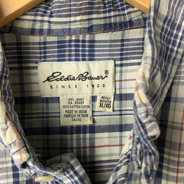 00'S Eddie Bauer short sleeve button down check shirt, men's XL size cotton blue type Vintage Second Hand