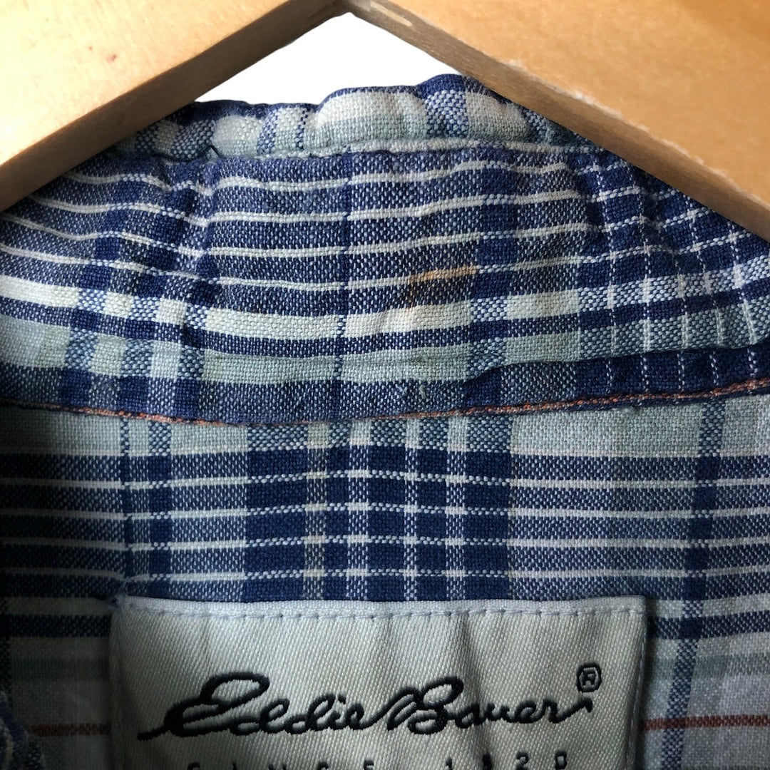 00'S Eddie Bauer short sleeve button down check shirt, men's XL size cotton blue type Vintage Second Hand