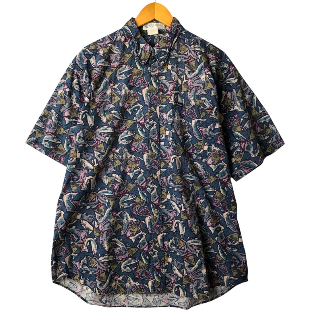 90'S Columbia All-over Print Short Sleeve Button-Down Shirt, Men's XL, Vintage unclear blue type Vintage Second Hand