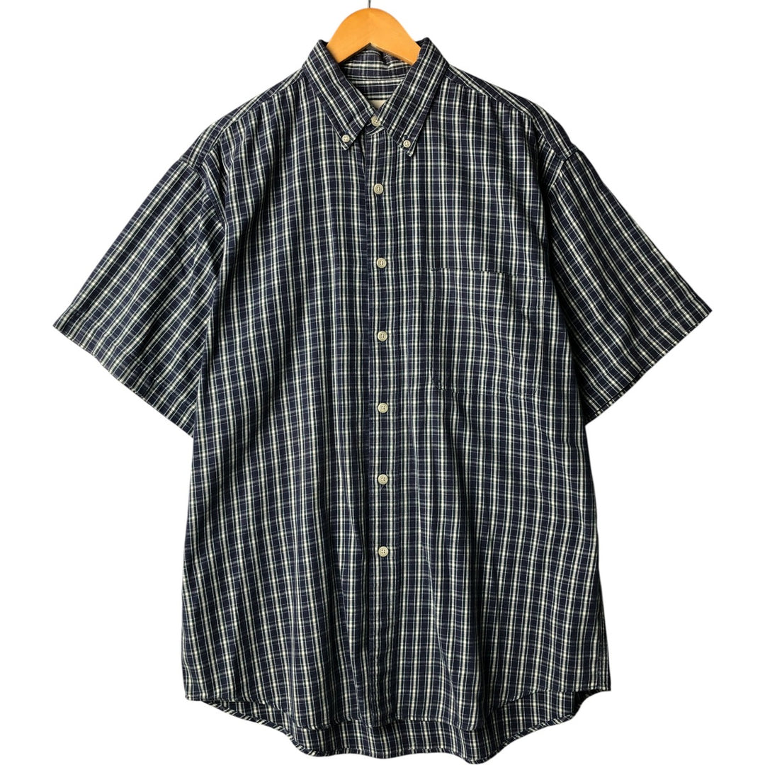 Eddie Bauer Tartan Check Short Sleeve Button-Down Check Shirt, Men's M Size cotton navy blue type Vintage Second Hand
