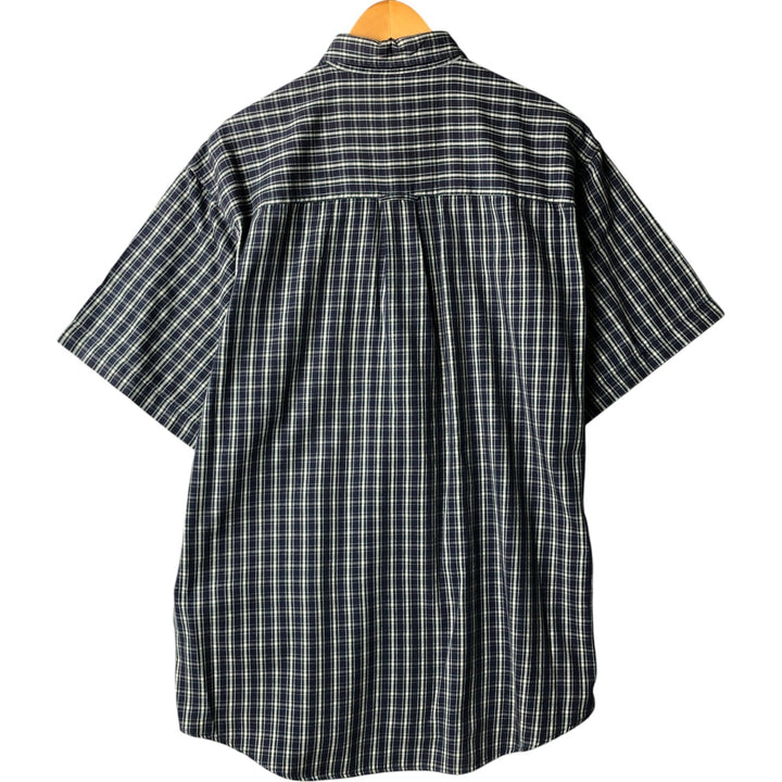 Eddie Bauer Tartan Check Short Sleeve Button-Down Check Shirt, Men's M Size cotton navy blue type Vintage Second Hand