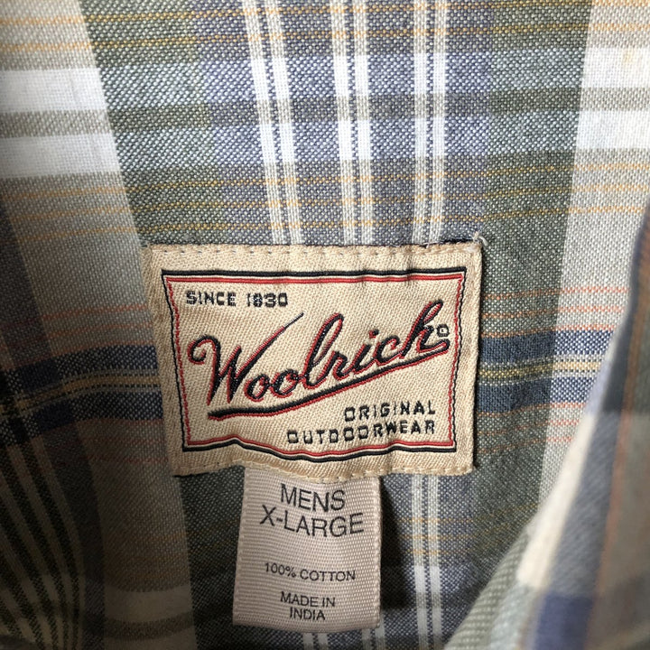 90s-00'S WOOLRICH Short Sleeve Button-Down Check Shirt, Men's Size XL cotton Khaki type Vintage Second Hand
