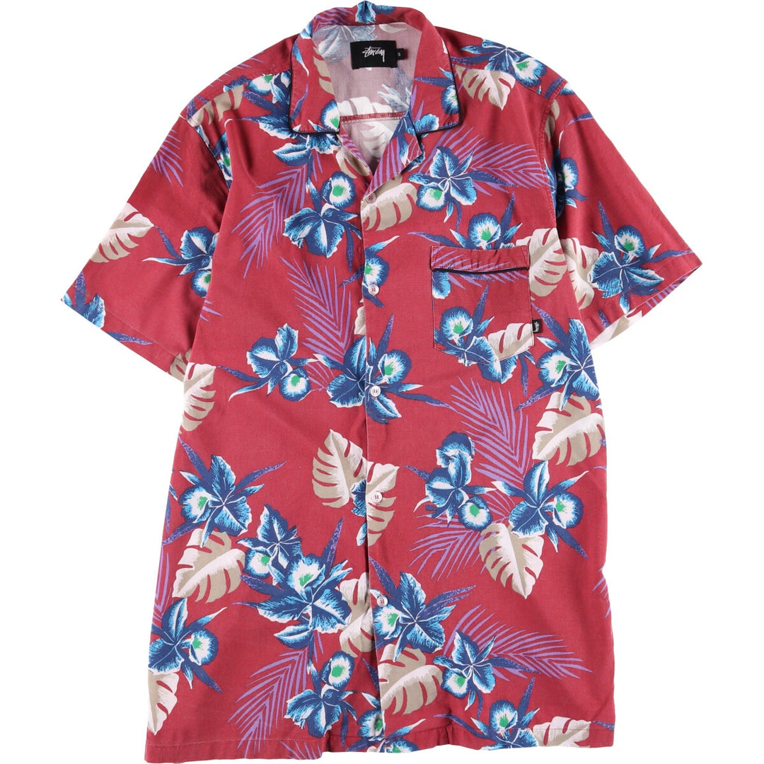 STUSSY All-Over Botanical Pattern Open Collar Rayon Hawaiian Aloha Shirt, Men's Size Small Rayon red type Vintage Second Hand