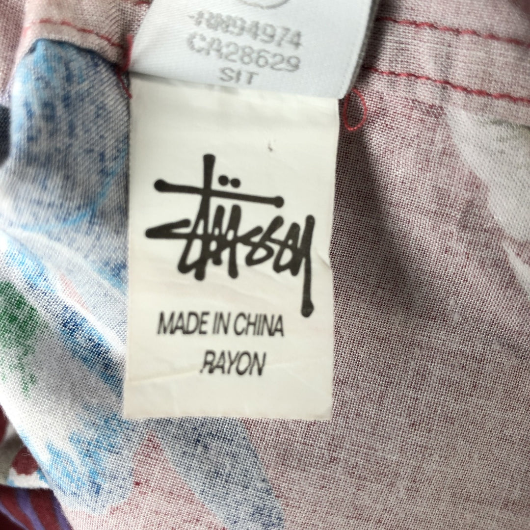 STUSSY All-Over Botanical Pattern Open Collar Rayon Hawaiian Aloha Shirt, Men's Size Small Rayon red type Vintage Second Hand