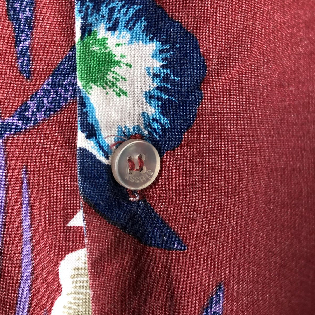 STUSSY All-Over Botanical Pattern Open Collar Rayon Hawaiian Aloha Shirt, Men's Size Small Rayon red type Vintage Second Hand