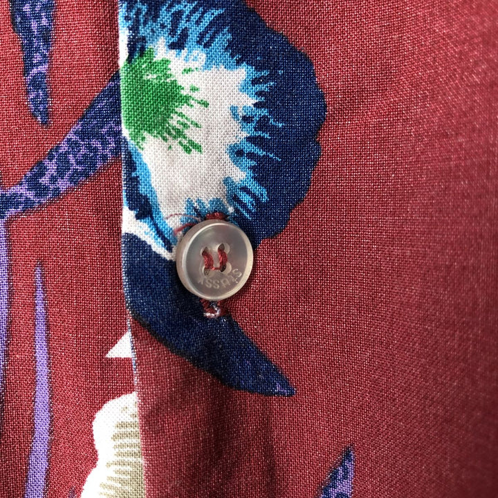 STUSSY All-Over Botanical Pattern Open Collar Rayon Hawaiian Aloha Shirt, Men's Size Small Rayon red type Vintage Second Hand