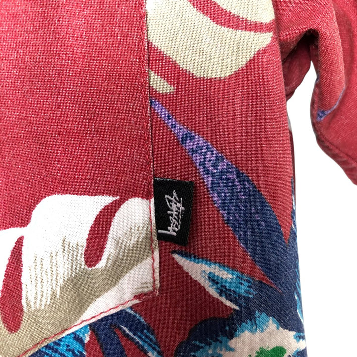 STUSSY All-Over Botanical Pattern Open Collar Rayon Hawaiian Aloha Shirt, Men's Size Small Rayon red type Vintage Second Hand