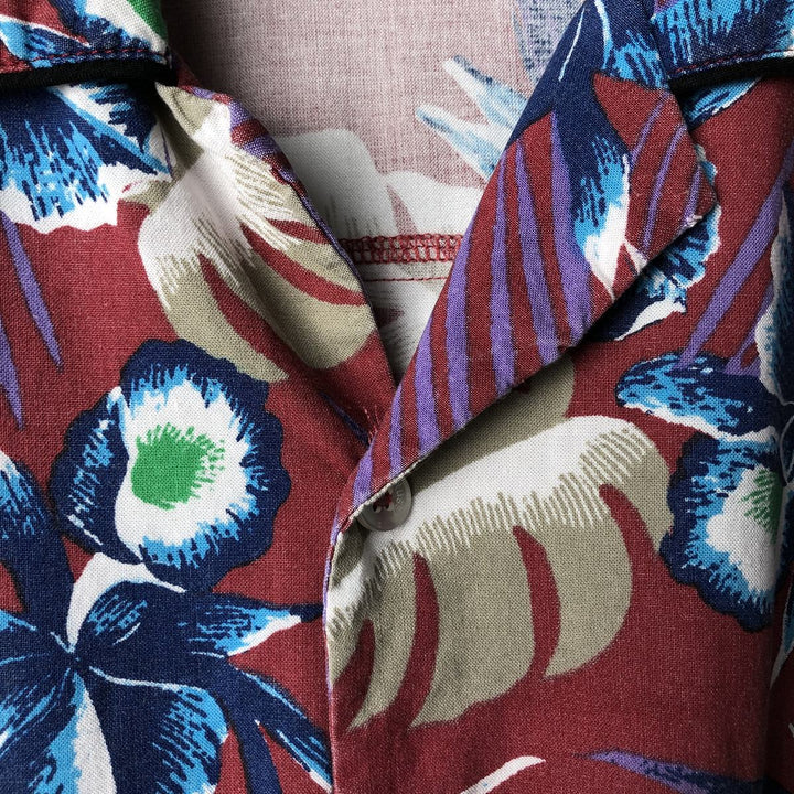 STUSSY All-Over Botanical Pattern Open Collar Rayon Hawaiian Aloha Shirt, Men's Size Small Rayon red type Vintage Second Hand