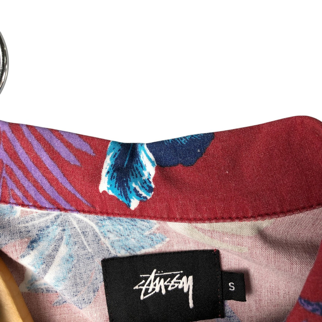 STUSSY All-Over Botanical Pattern Open Collar Rayon Hawaiian Aloha Shirt, Men's Size Small Rayon red type Vintage Second Hand