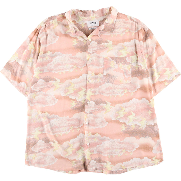 Stussy All-Over Print Open Collar Hawaiian Aloha Shirt, Box Shirt, Men's Size M unclear coral Vintage Second Hand