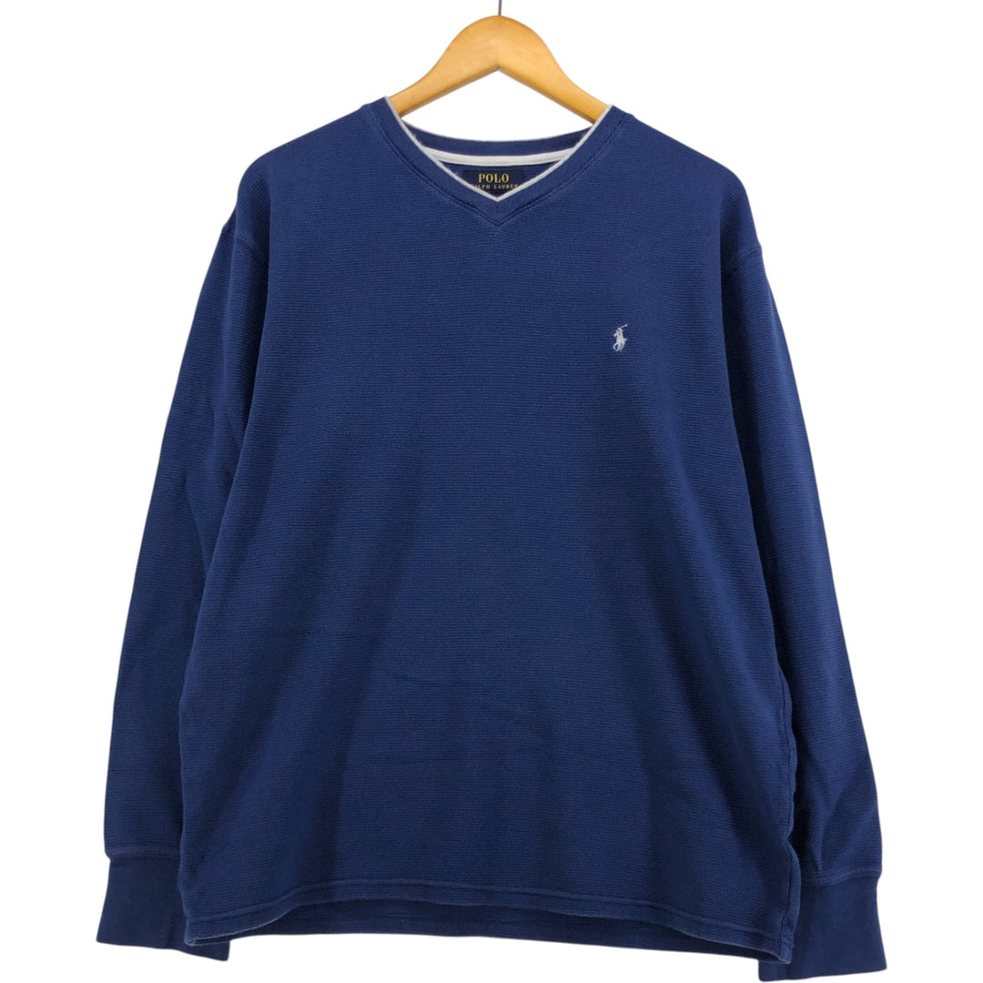 Ralph Lauren POLO RALPH LAUREN V-neck thermal long sleeve T-shirt waffle men's XL size cotton Navy blue Vintage Second Hand