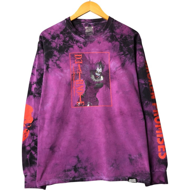 BROKEN PROMISES Death Note Ryuk Tie-Dye Pattern Anime Character Print Long Sleeve T-Shirt, Men's Size L cotton purple type Vintage Second Hand