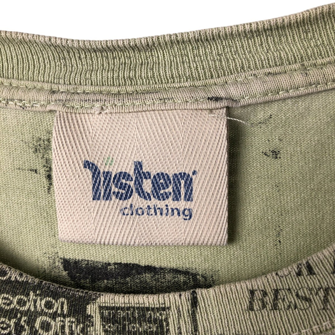 listen clothing Large print T-shirt Made in USA Men's XL size cotton Khaki type sage green Vintage Second Hand