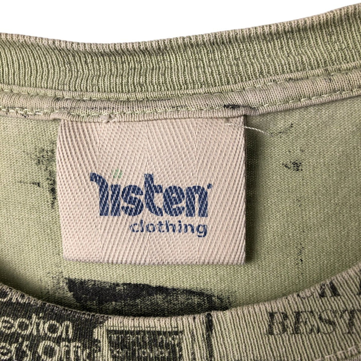 listen clothing Large print T-shirt Made in USA Men's XL size cotton Khaki type sage green Vintage Second Hand