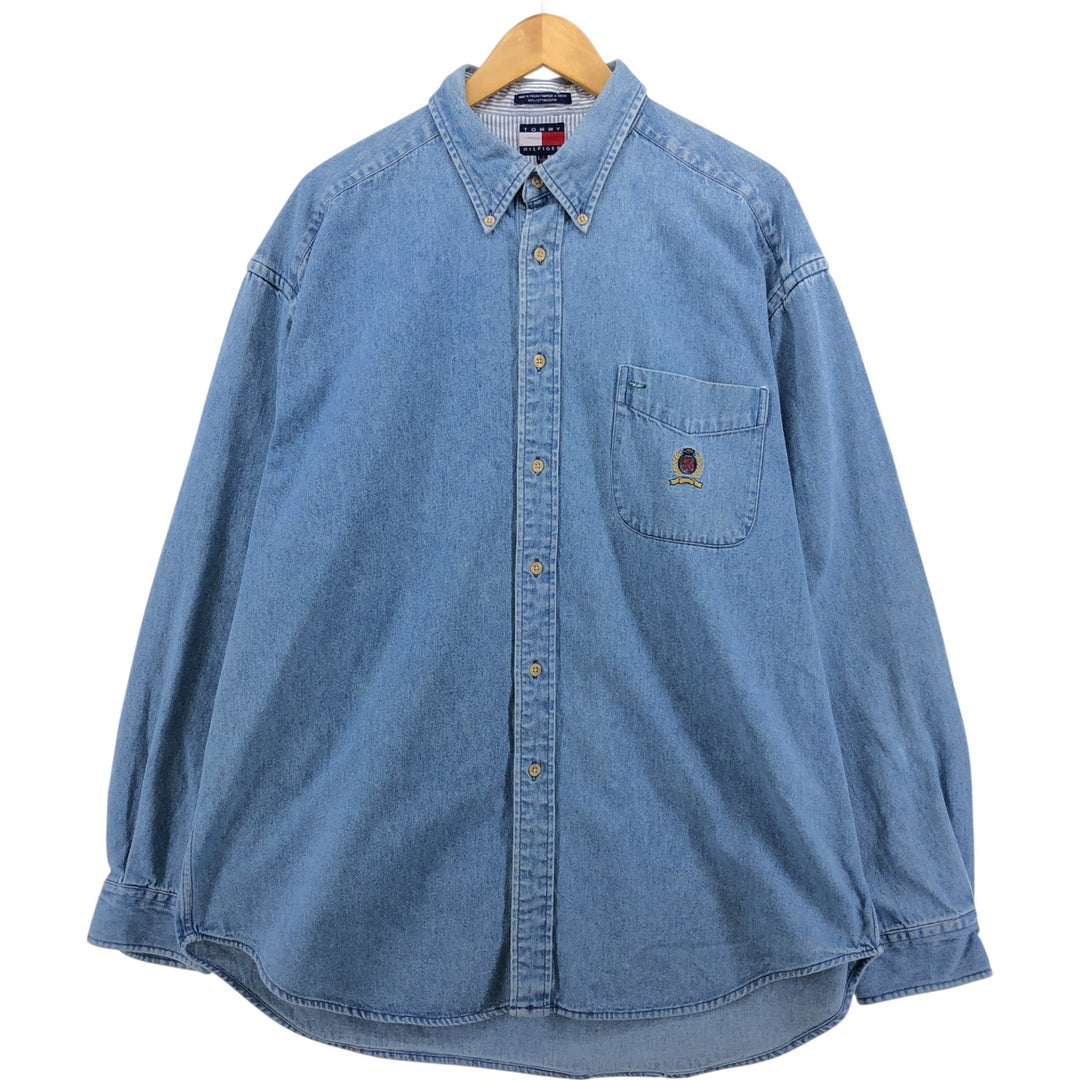 Vintage 90'S Tommy Hilfiger long-sleeved button-down denim shirt, size L, men's size L cotton blue type Vintage Second Hand