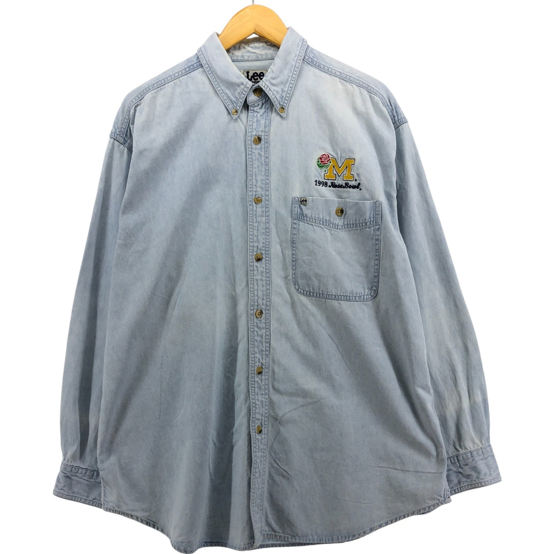 Vintage 1990'S Lee Sport University of Michigan Rose Bowl 1998 Long Sleeve Button-Down Denim Shirt, Men's Size Large cotton Blue type light blue Vintage Second Hand