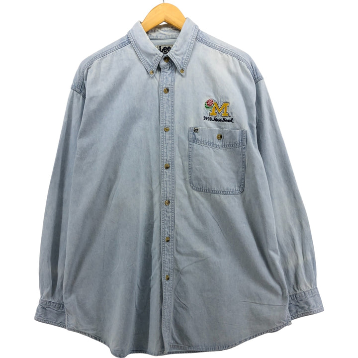 Vintage 1990'S Lee Sport University of Michigan Rose Bowl 1998 Long Sleeve Button-Down Denim Shirt, Men's Size Large cotton Blue type light blue Vintage Second Hand