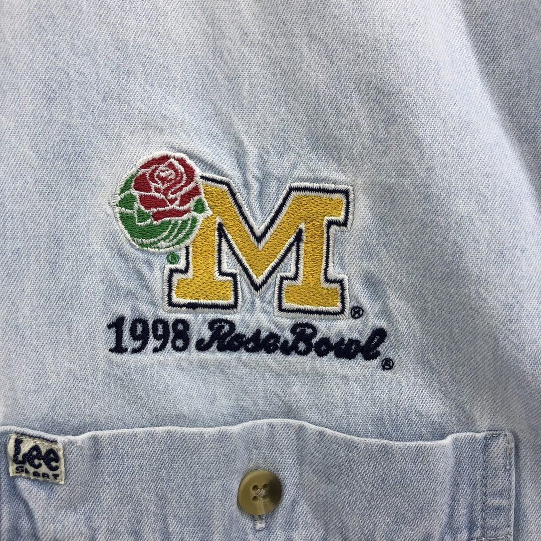 Vintage 1990'S Lee Sport University of Michigan Rose Bowl 1998 Long Sleeve Button-Down Denim Shirt, Men's Size Large cotton Blue type light blue Vintage Second Hand