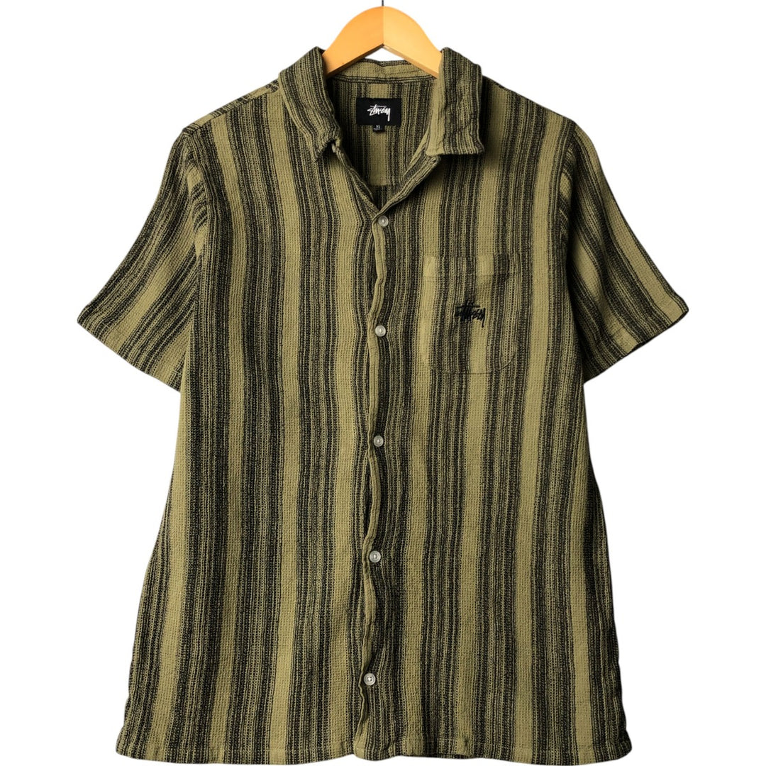 STUSSY Stripe Pattern Short Sleeve Open Collar Cotton Shirt Men's XL cotton Khaki type sage green Vintage Second Hand