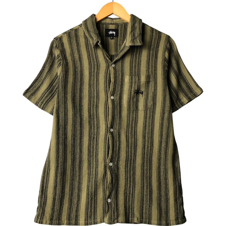 STUSSY Stripe Pattern Short Sleeve Open Collar Cotton Shirt Men's XL cotton Khaki type sage green Vintage Second Hand