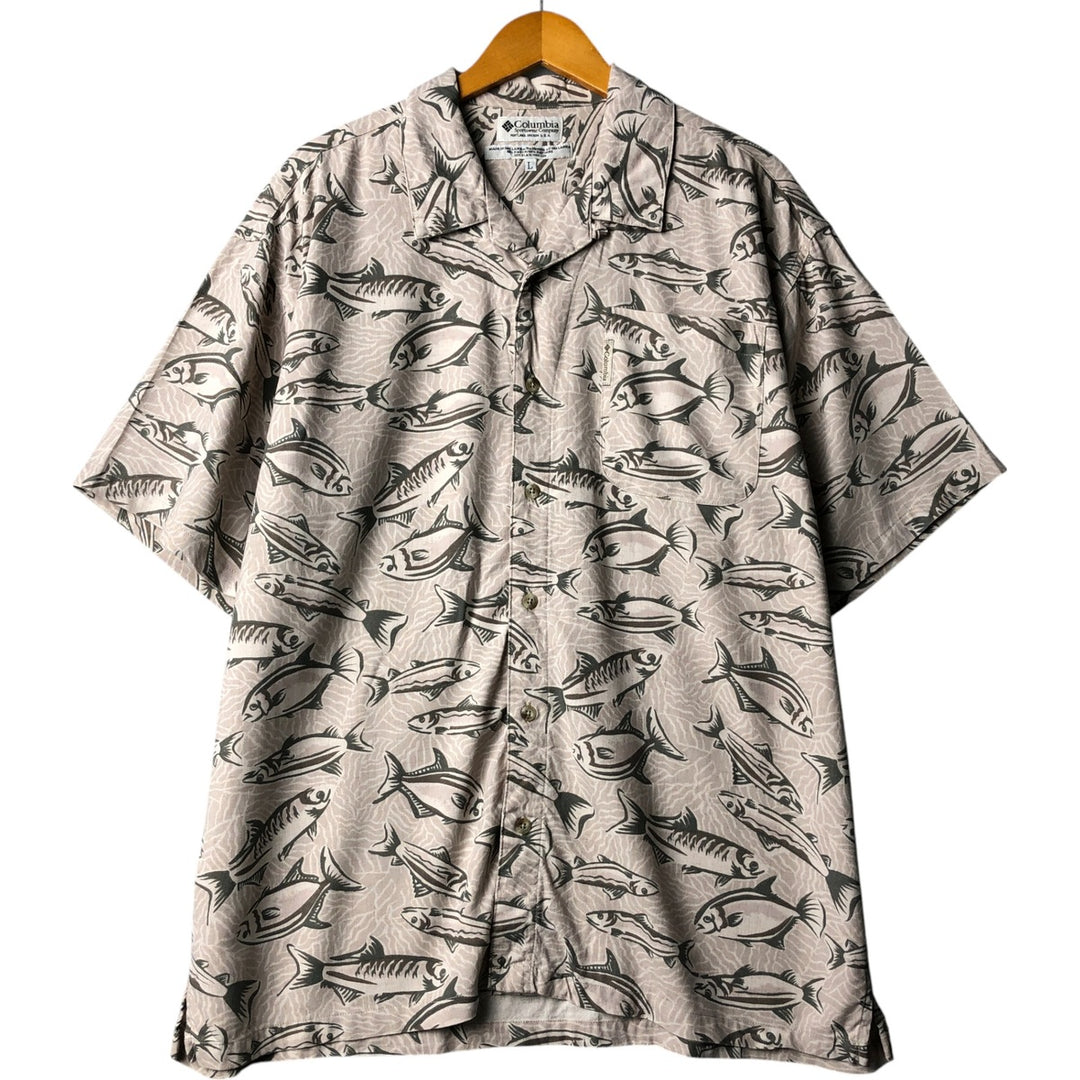 90'S Vintage Columbia All-Over Fish Print Short Sleeve Open Collar Rayon Box Shirt, Men's Size L Rayon Beige type Vintage Second Hand