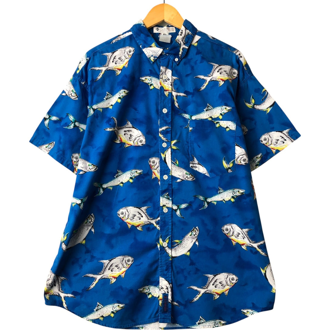 90'S Columbia White Tag All-Over Fish Print Short Sleeve Button-Down Shirt, Men's XL, Vintage unclear Blue type light blue Vintage Second Hand