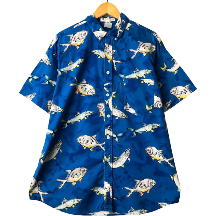 90'S Columbia White Tag All-Over Fish Print Short Sleeve Button-Down Shirt, Men's XL, Vintage unclear Blue type light blue Vintage Second Hand