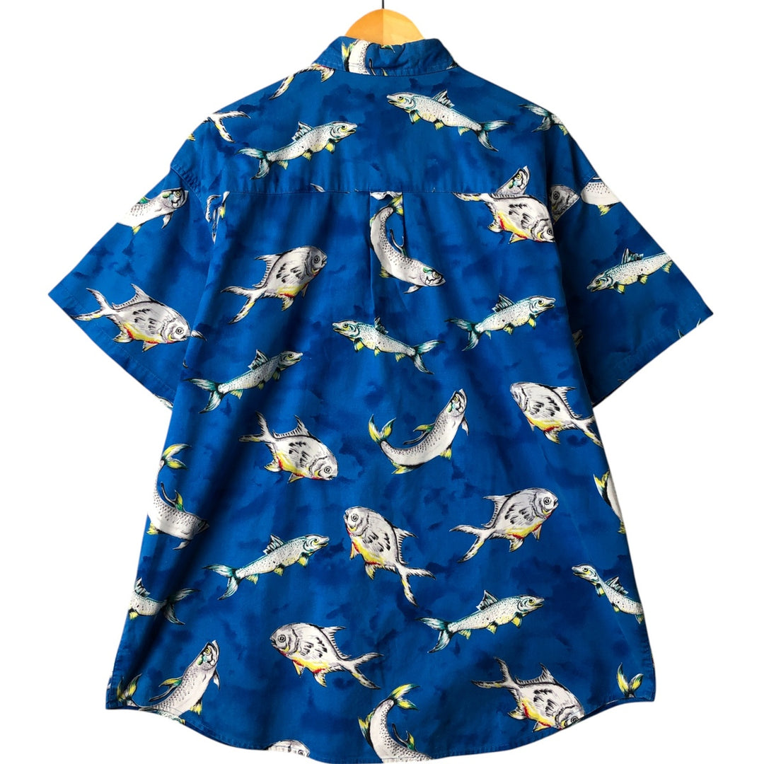 90'S Columbia White Tag All-Over Fish Print Short Sleeve Button-Down Shirt, Men's XL, Vintage unclear Blue type light blue Vintage Second Hand